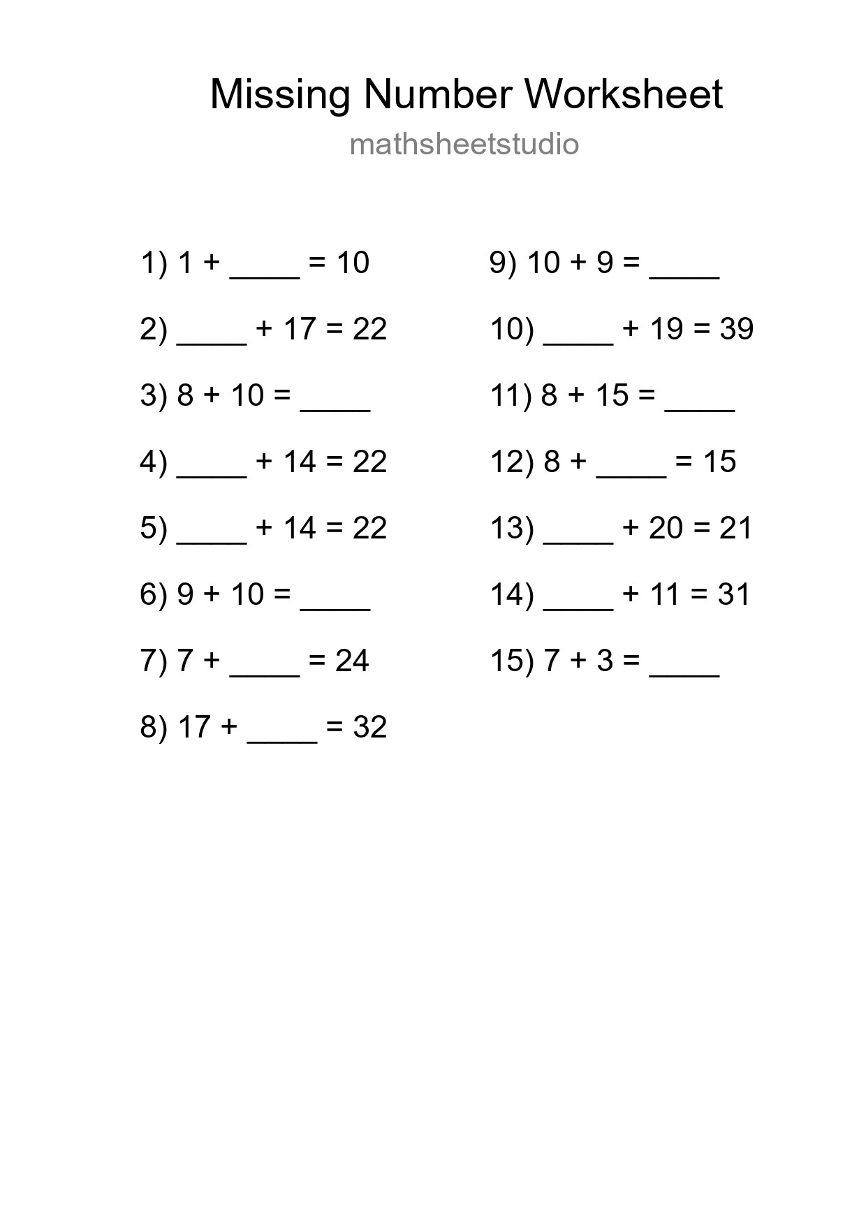 Missing Number Math Worksheet