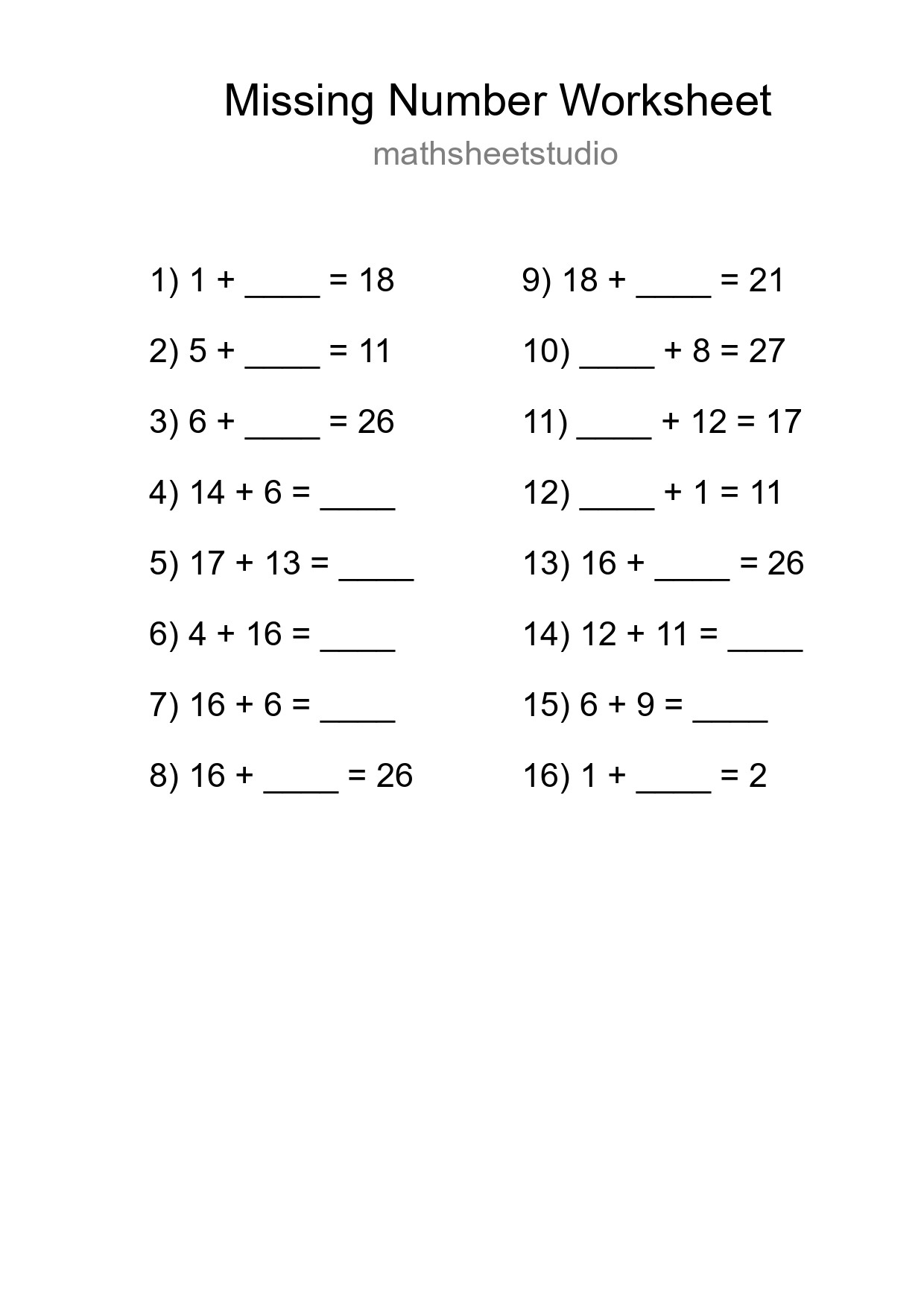 Missing Number Math Worksheet
