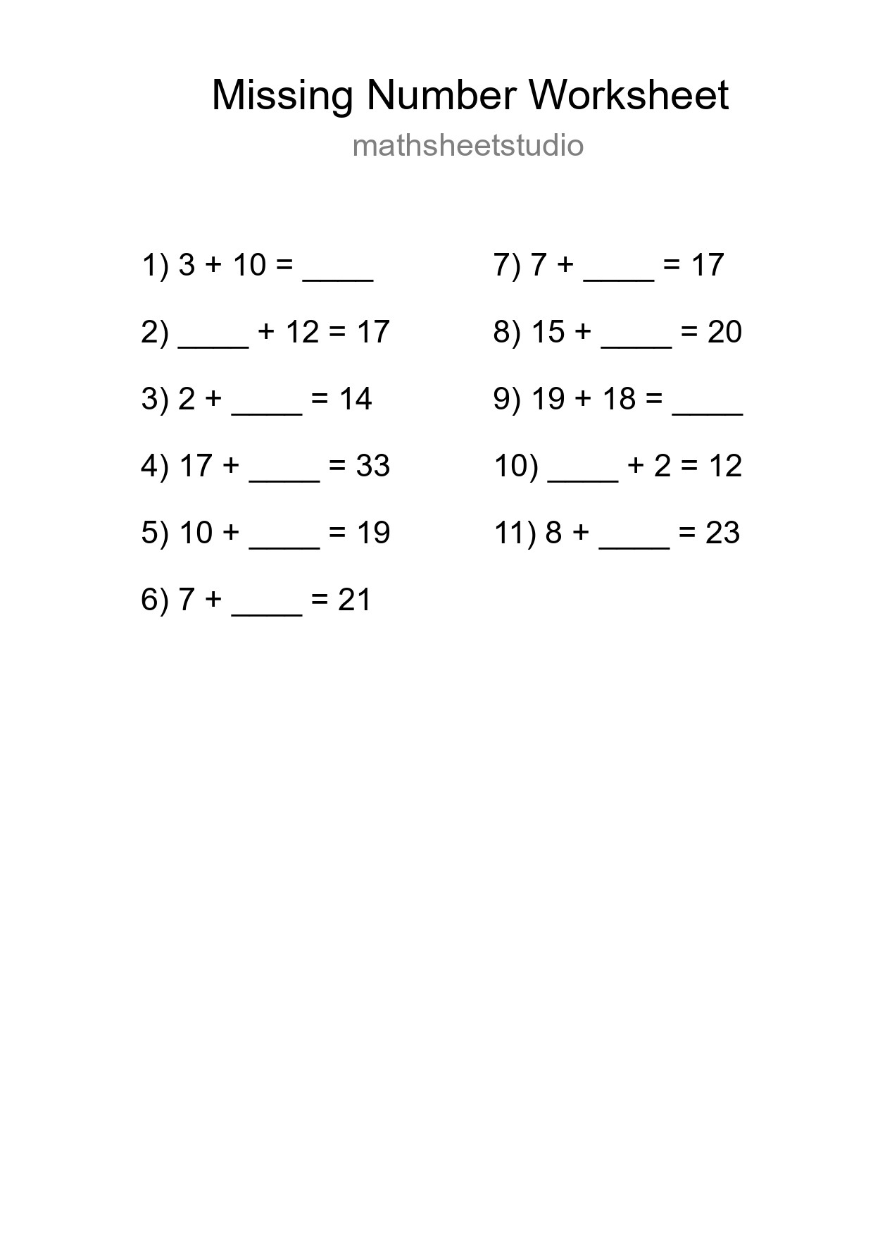 Missing Number Math Worksheet