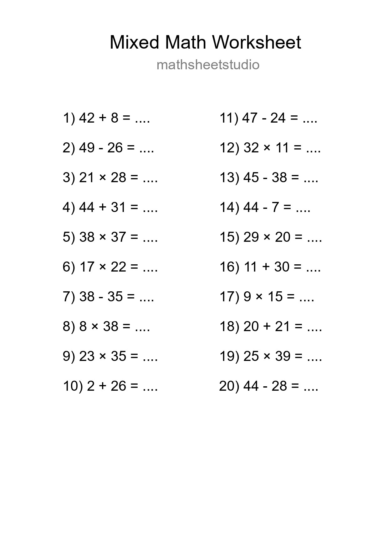 Mixed Operations Math Worksheet