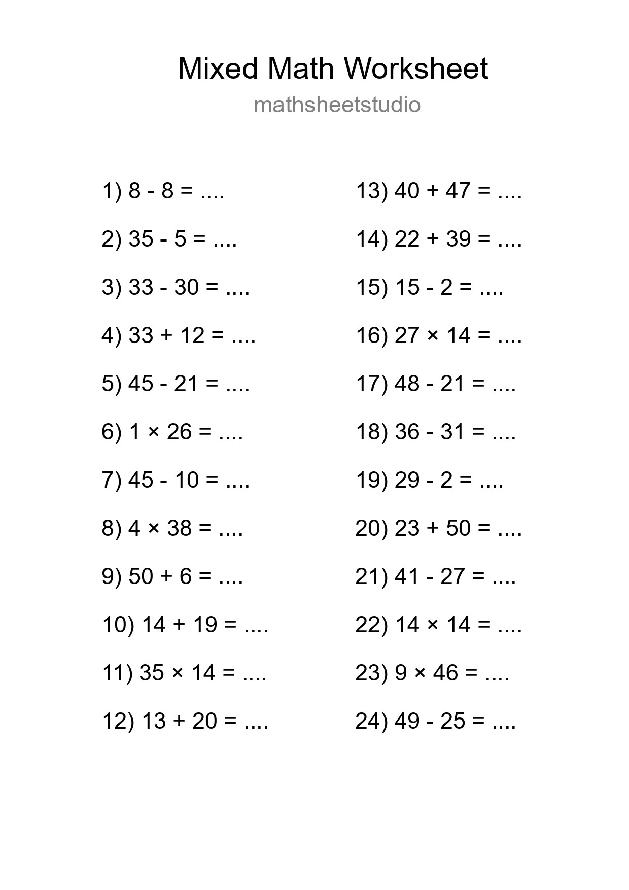 Mixed Operations Math Worksheet