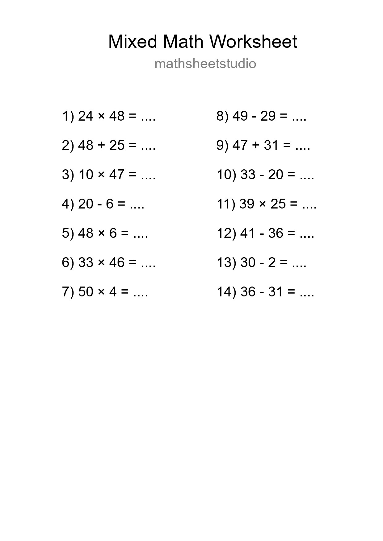 Mixed Operations Math Worksheet