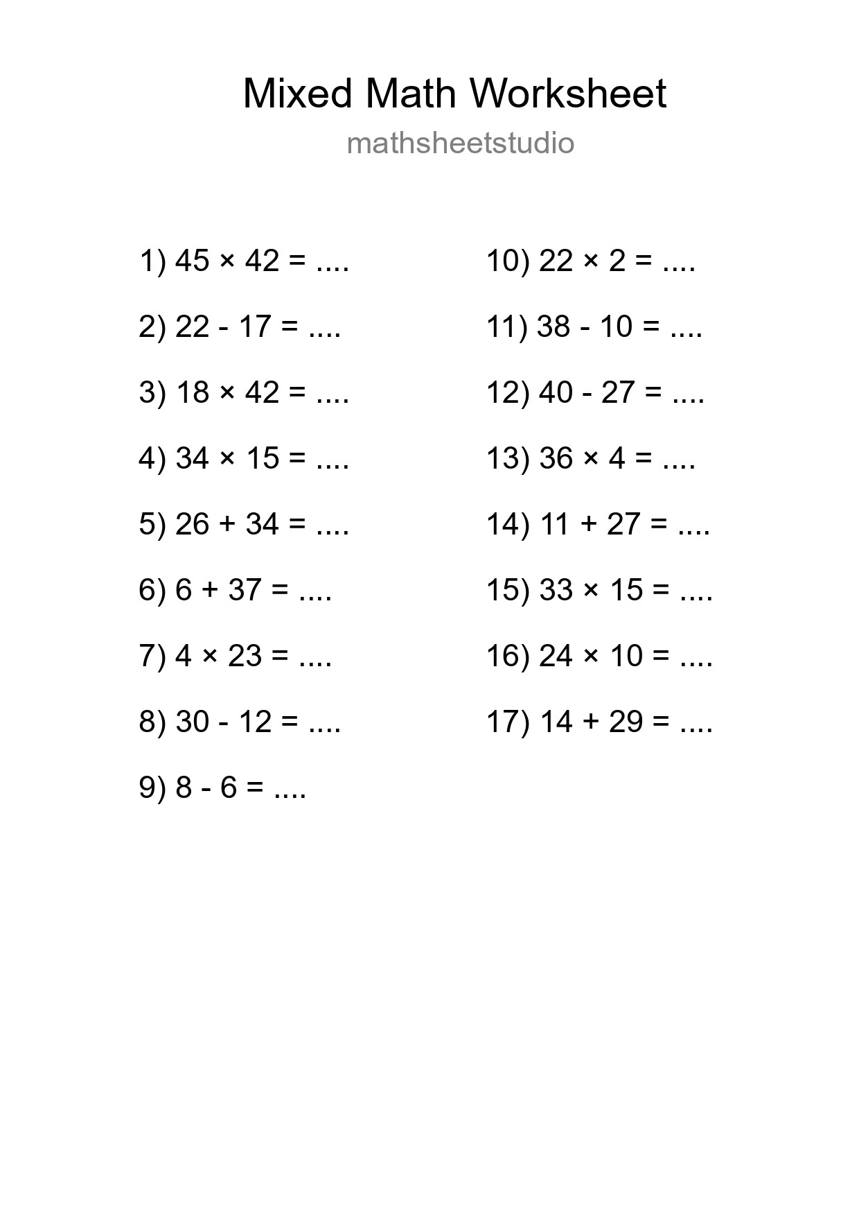 Mixed Operations Math Worksheet