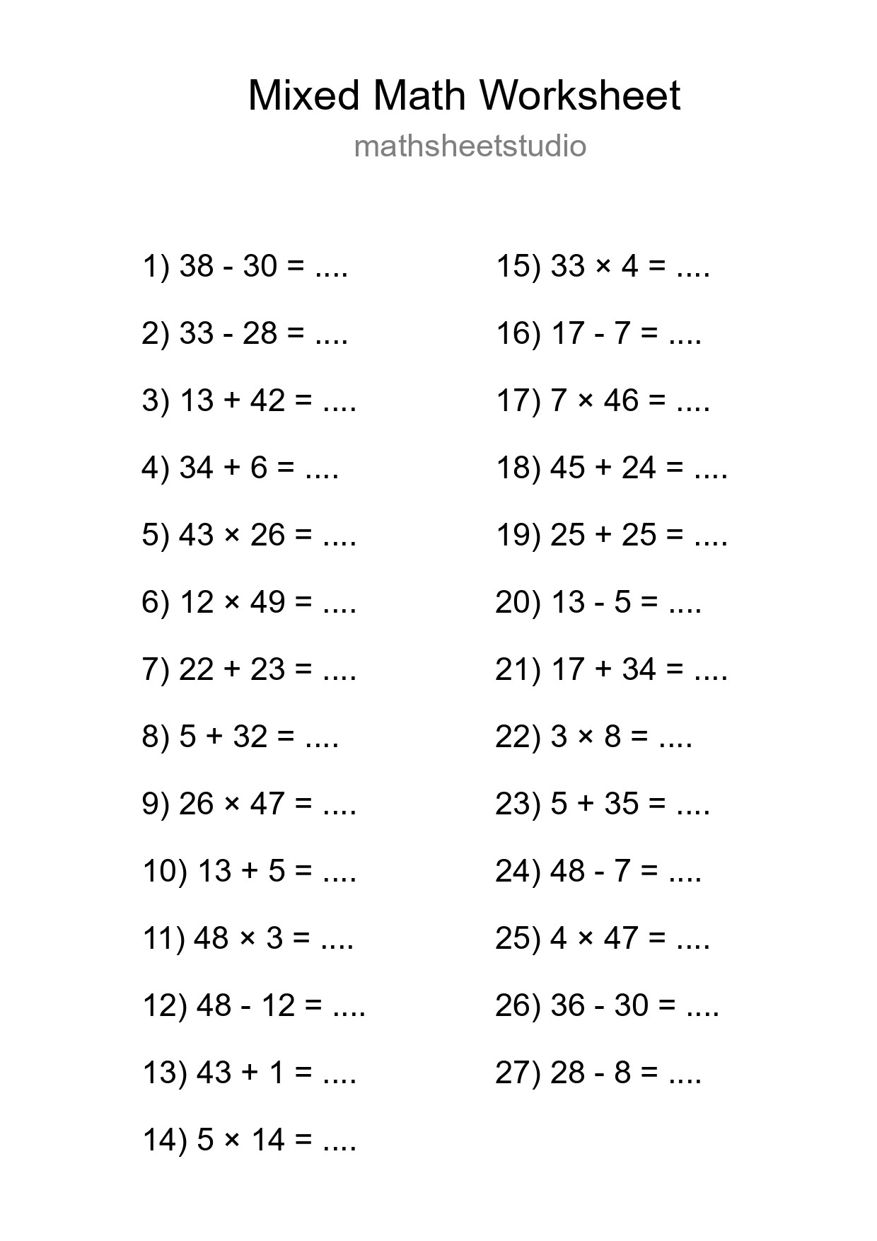Mixed Operations Math Worksheet