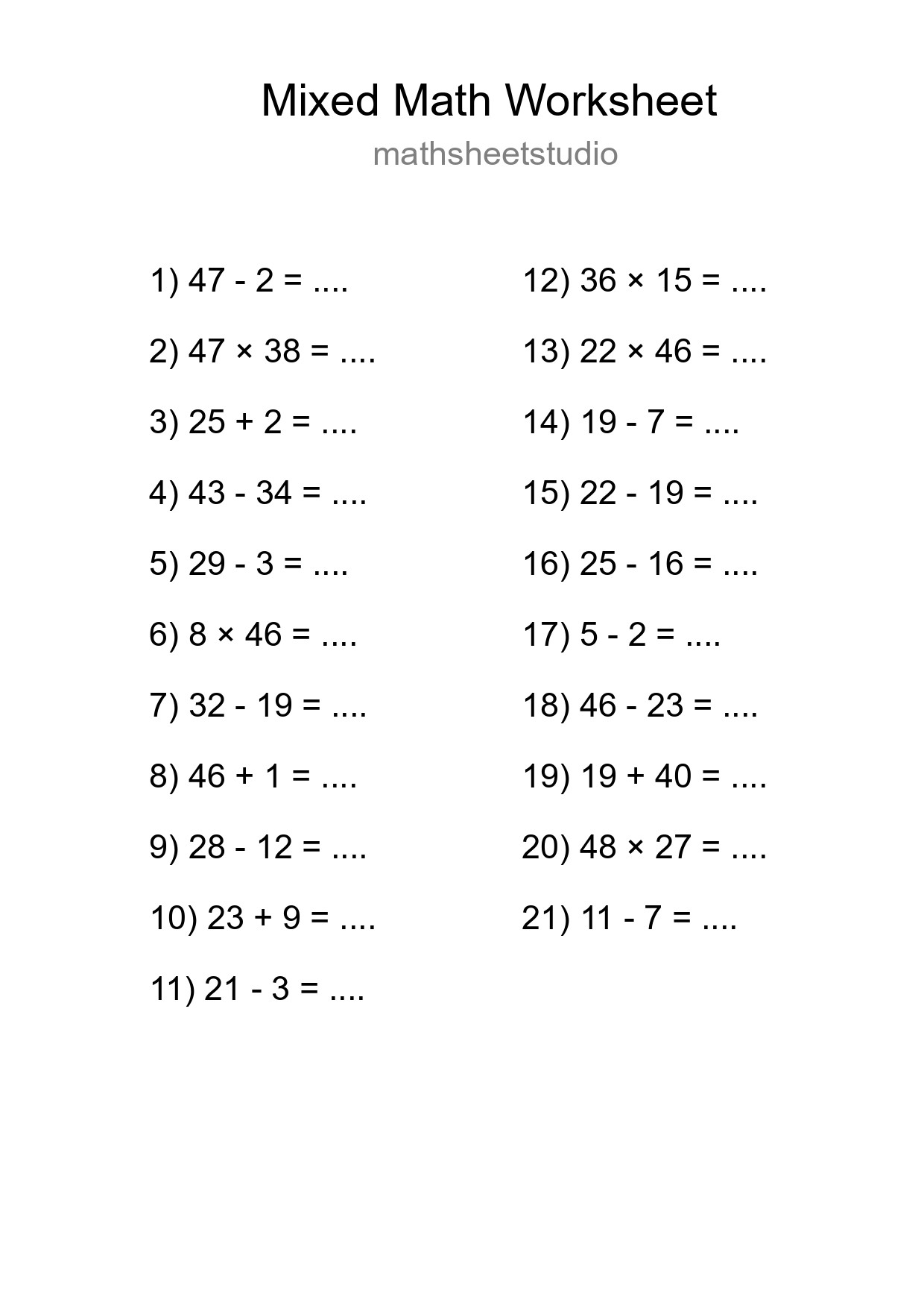 Mixed Operations Math Worksheet