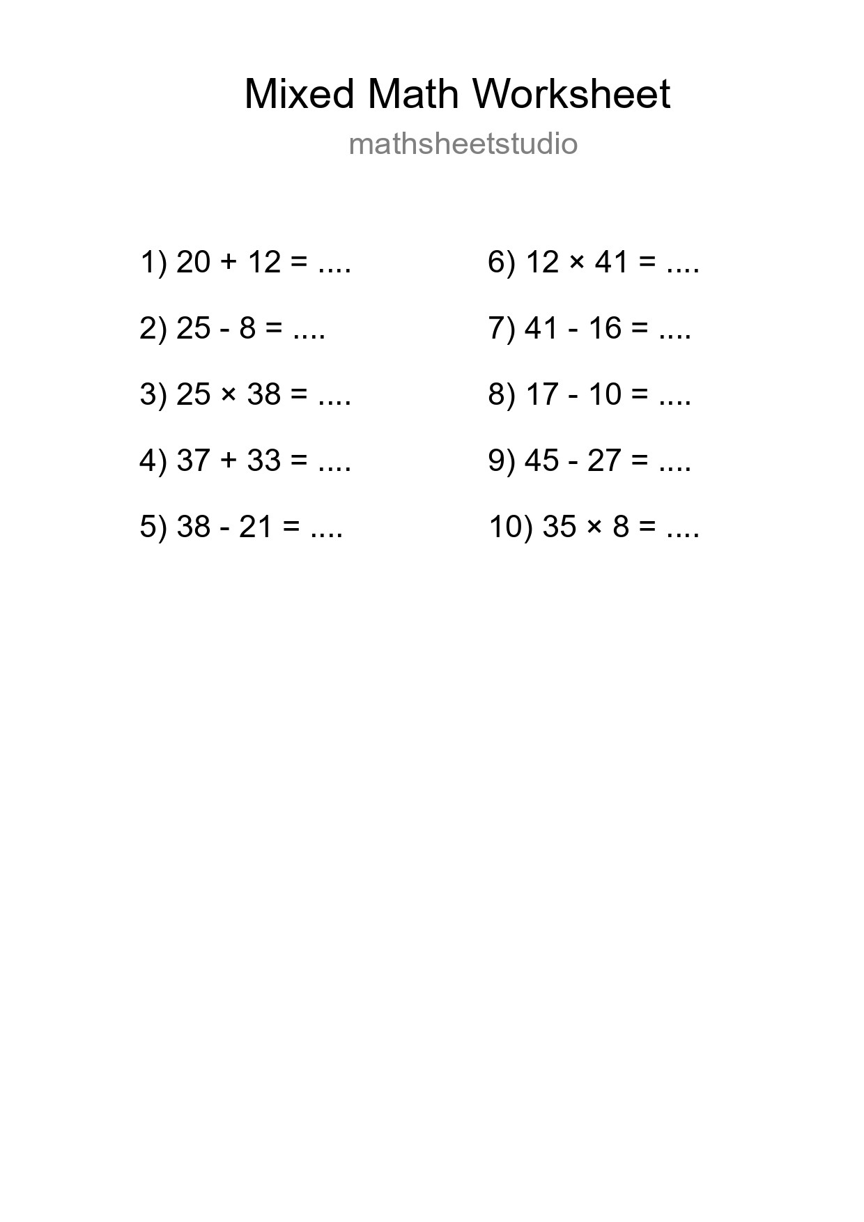 Mixed Operations Math Worksheet