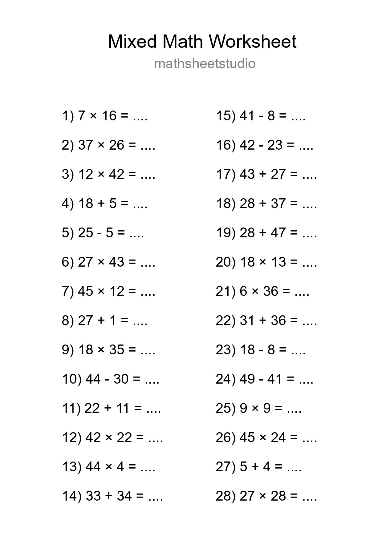 Mixed Operations Math Worksheet