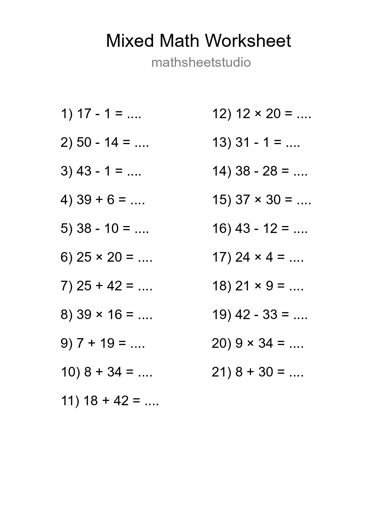 Mixed Operations Math Worksheet