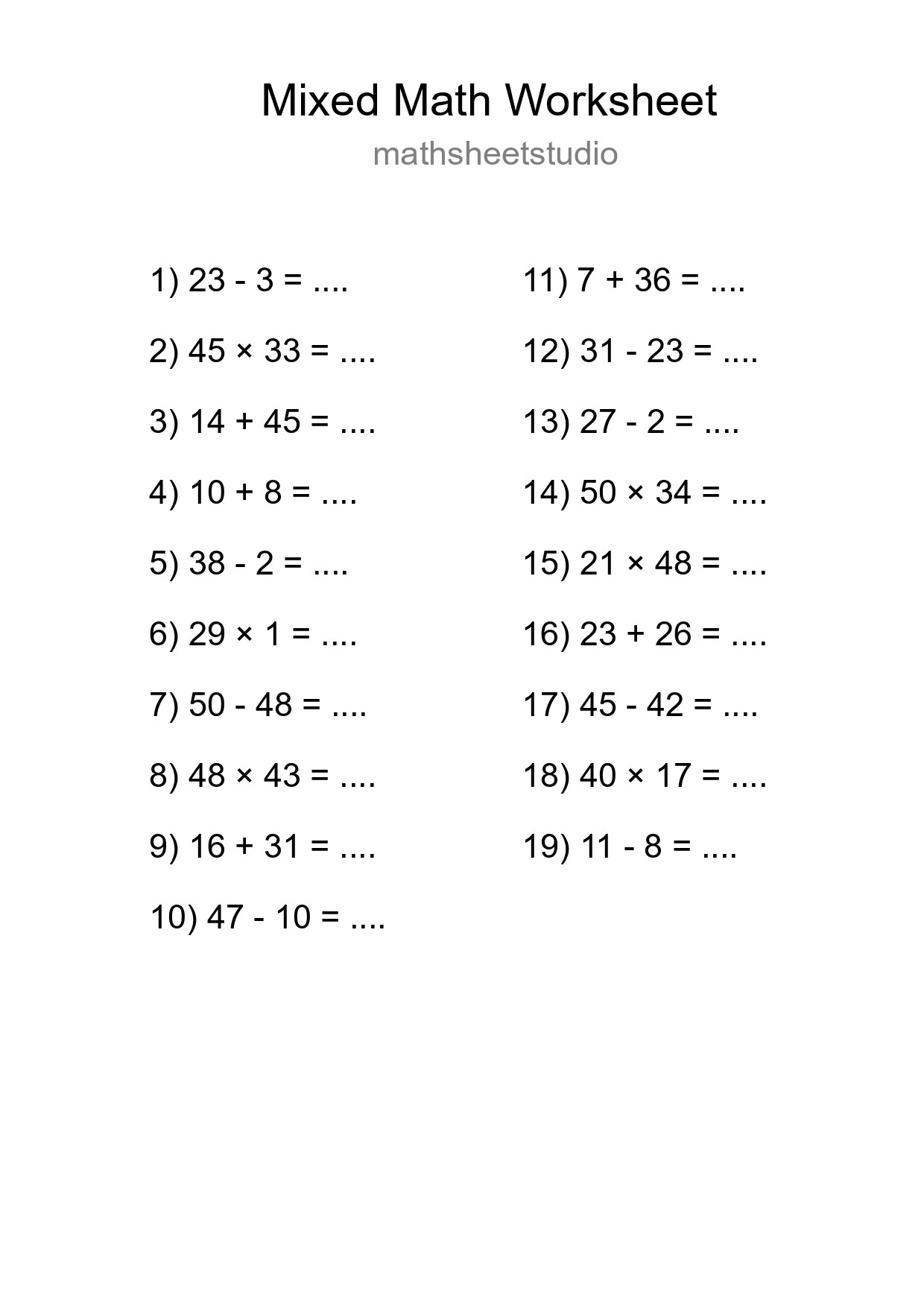 Mixed Operations Math Worksheet