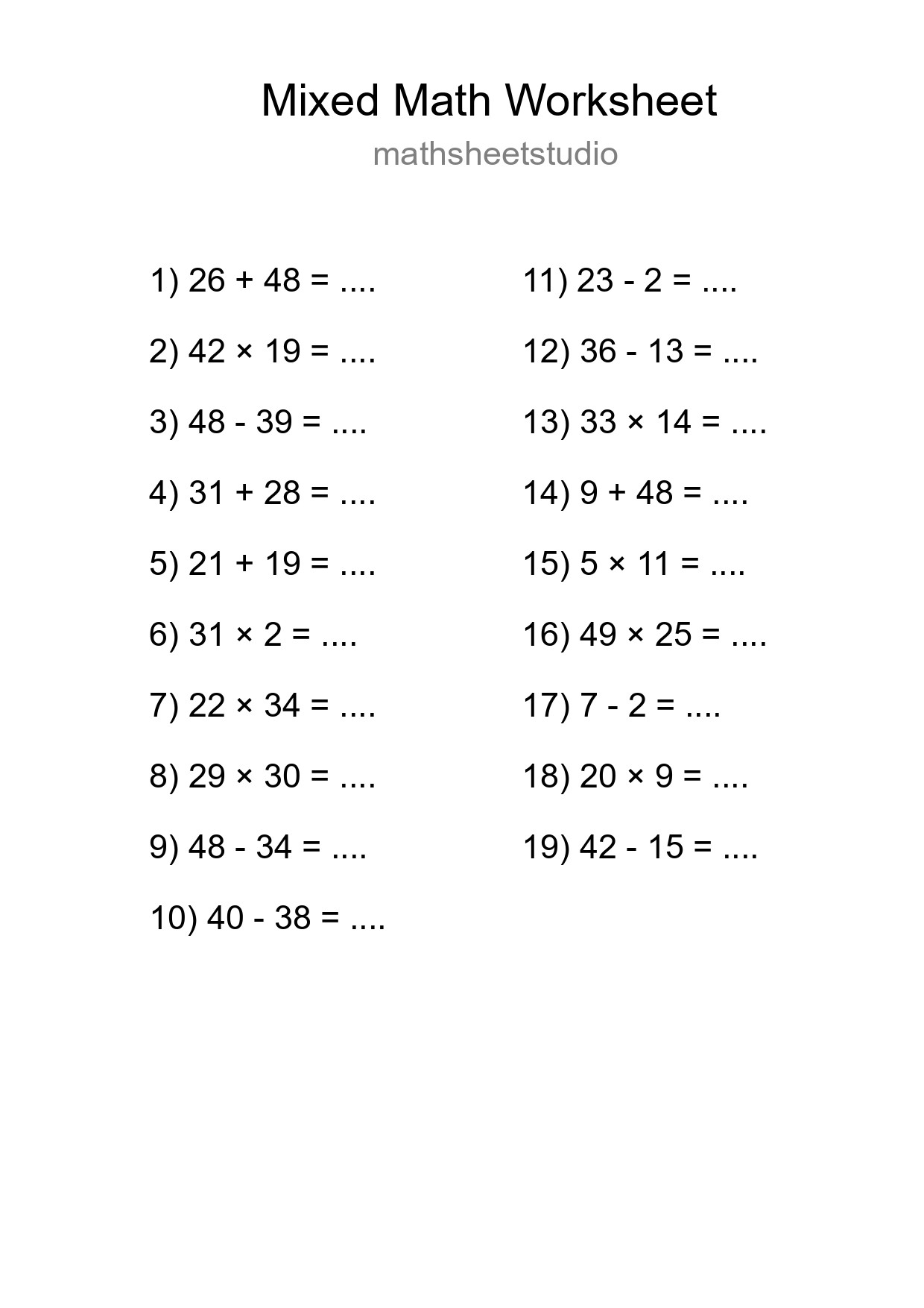 Mixed Operations Math Worksheet