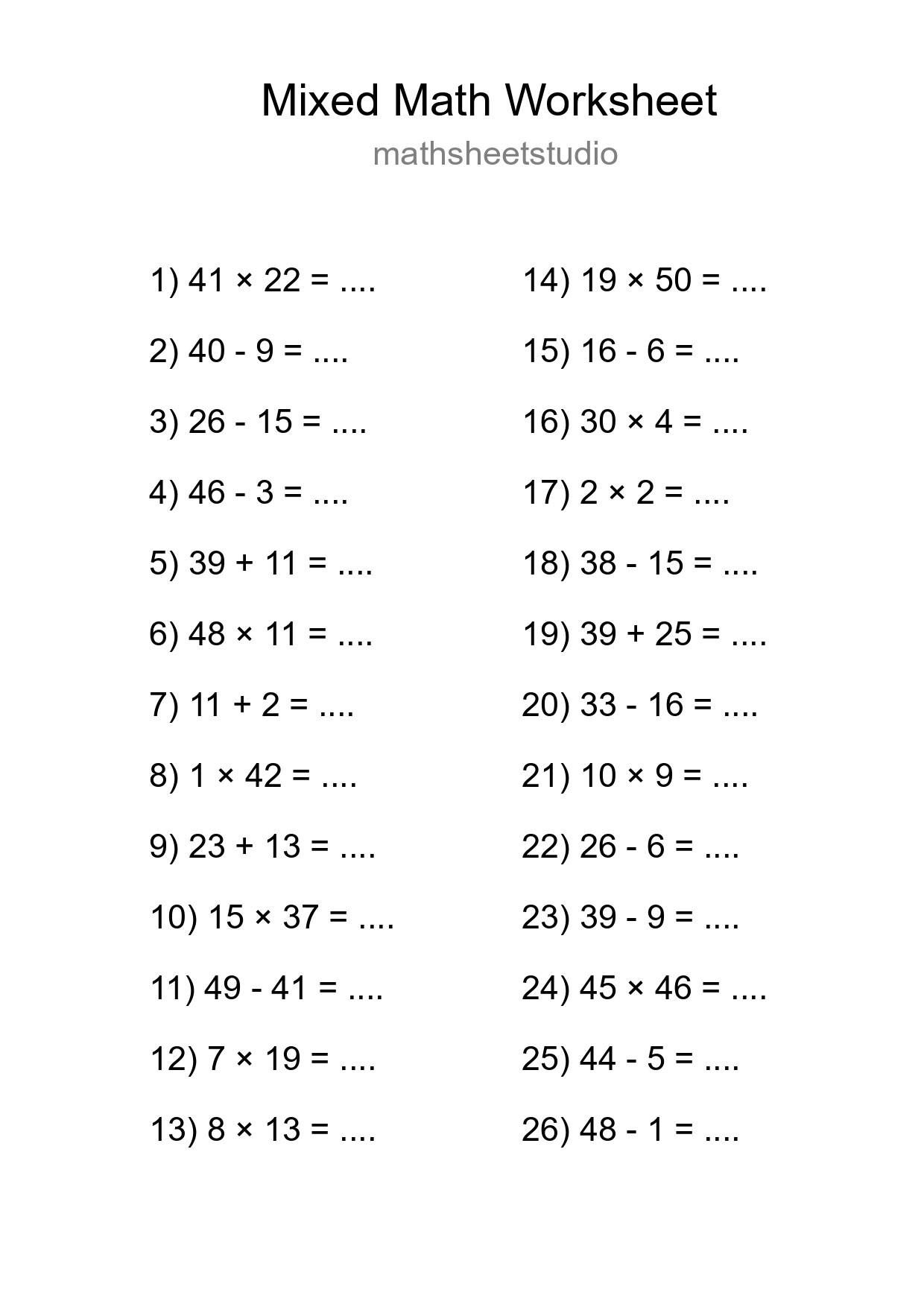 Mixed Operations Math Worksheet