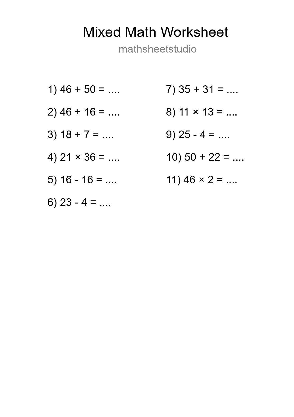 Mixed Operations Math Worksheet