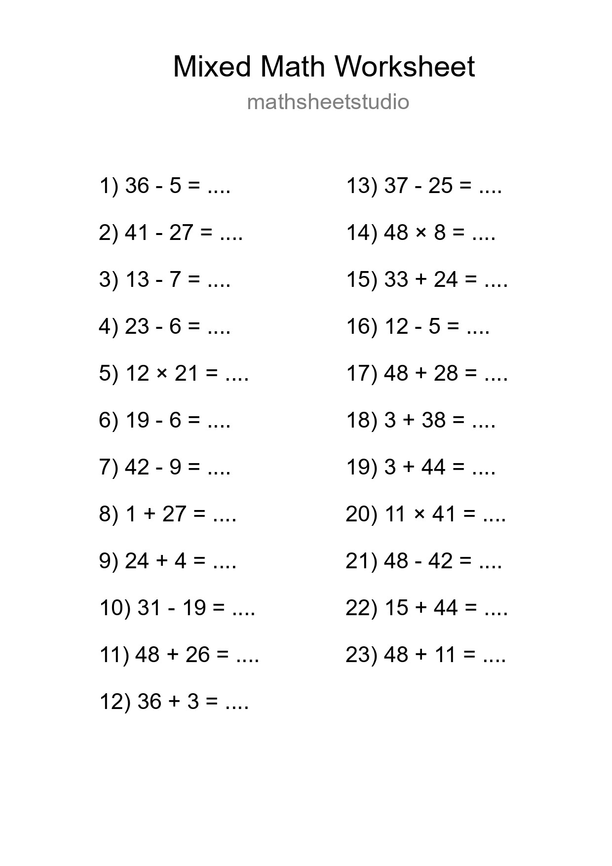 Mixed Operations Math Worksheet