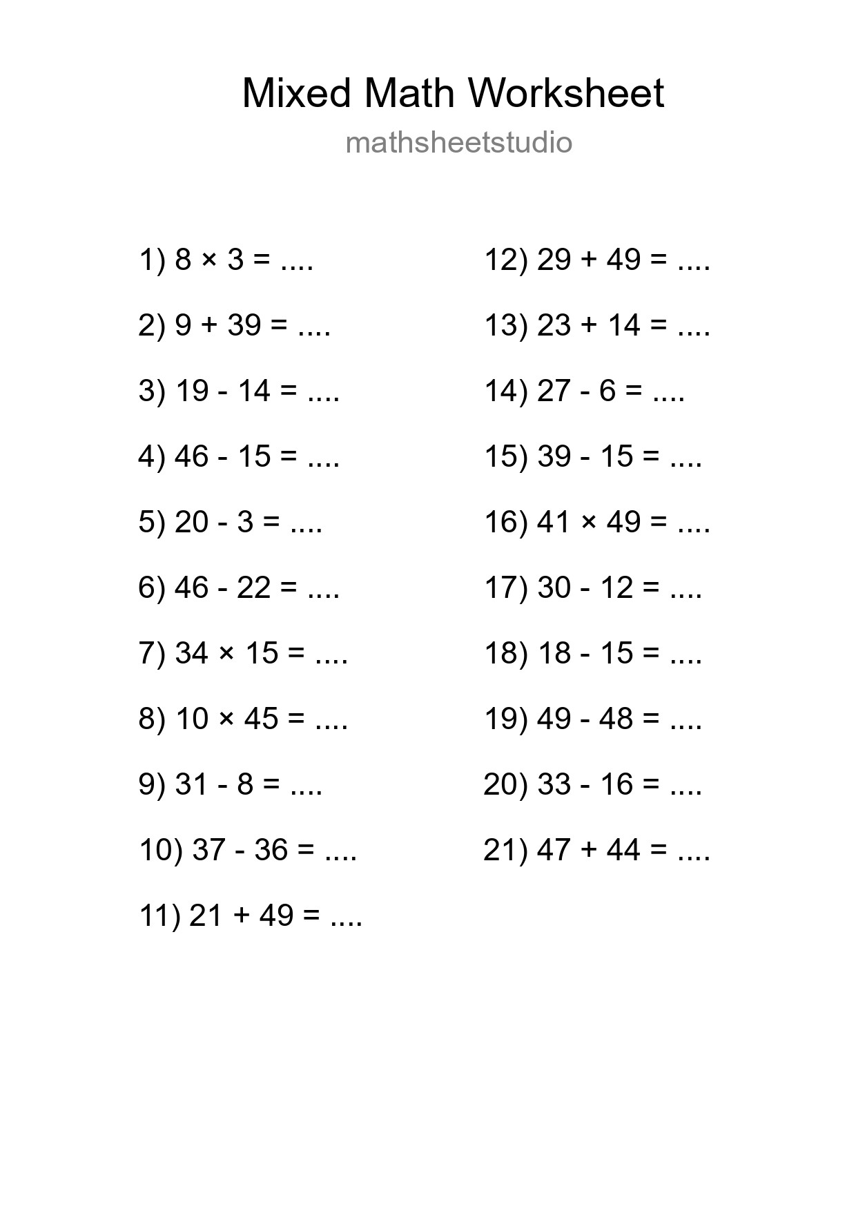 Mixed Operations Math Worksheet