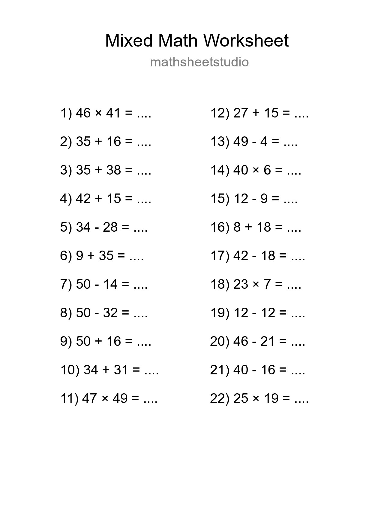 Mixed Operations Math Worksheet