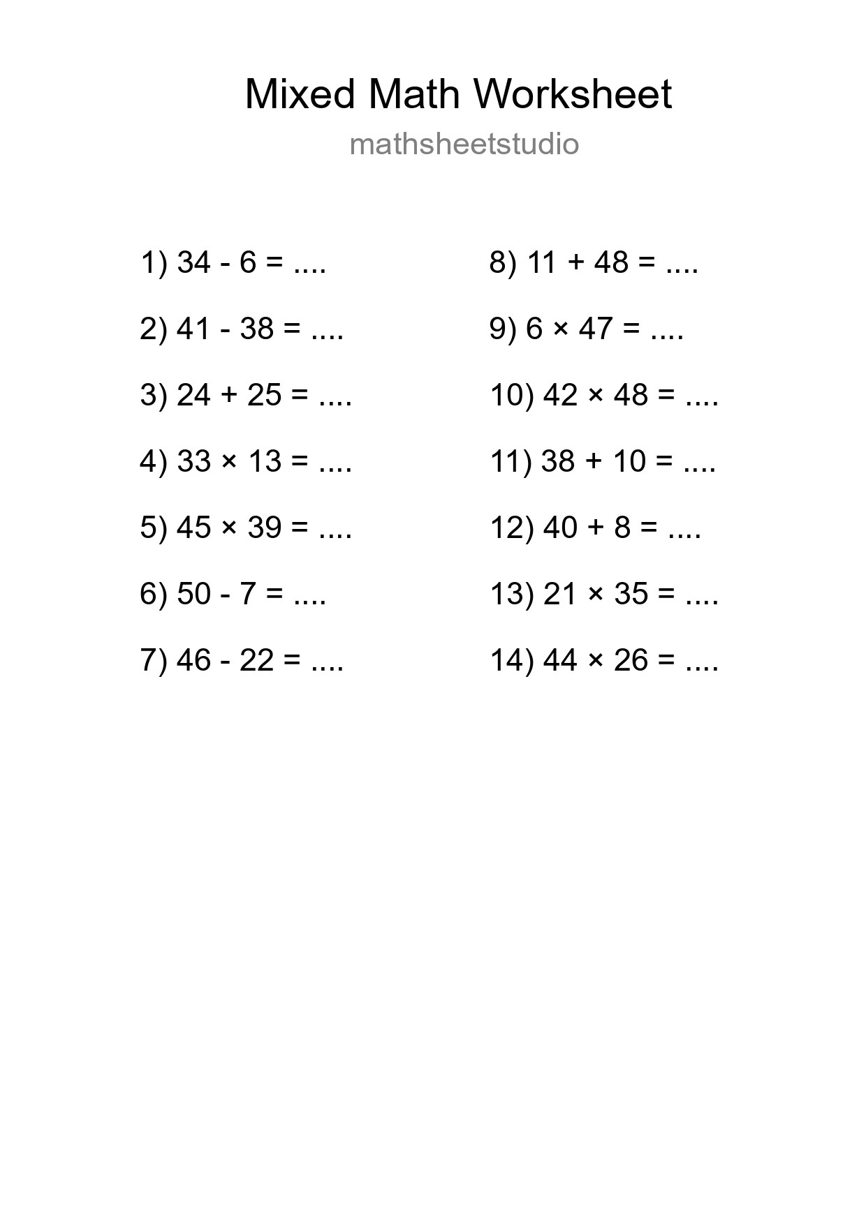 Mixed Operations Math Worksheet