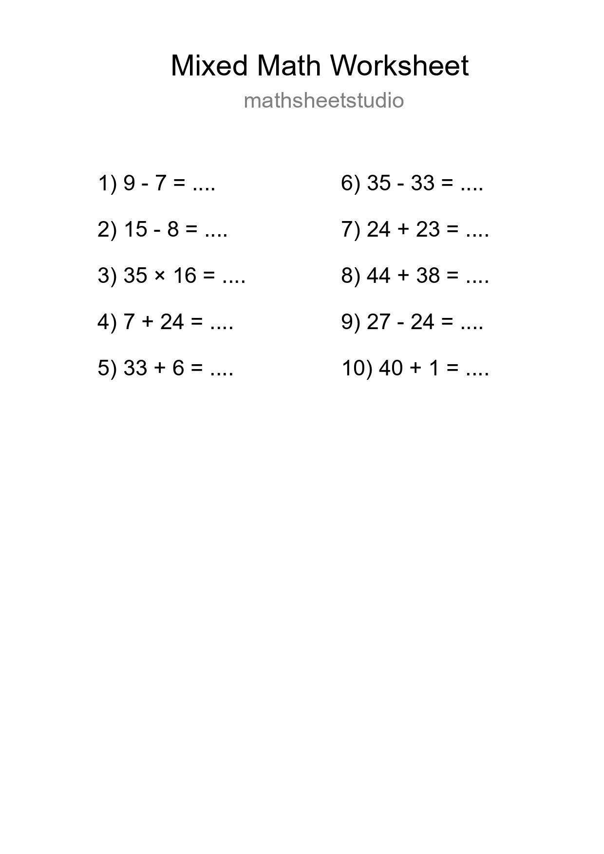 Mixed Operations Math Worksheet