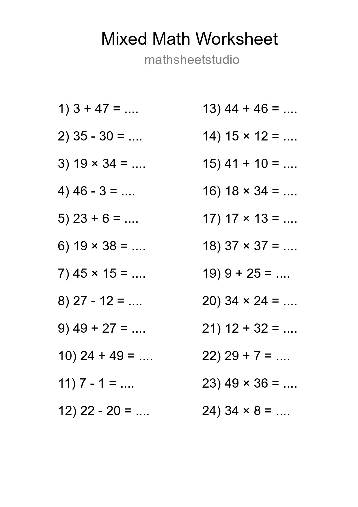 Mixed Operations Math Worksheet