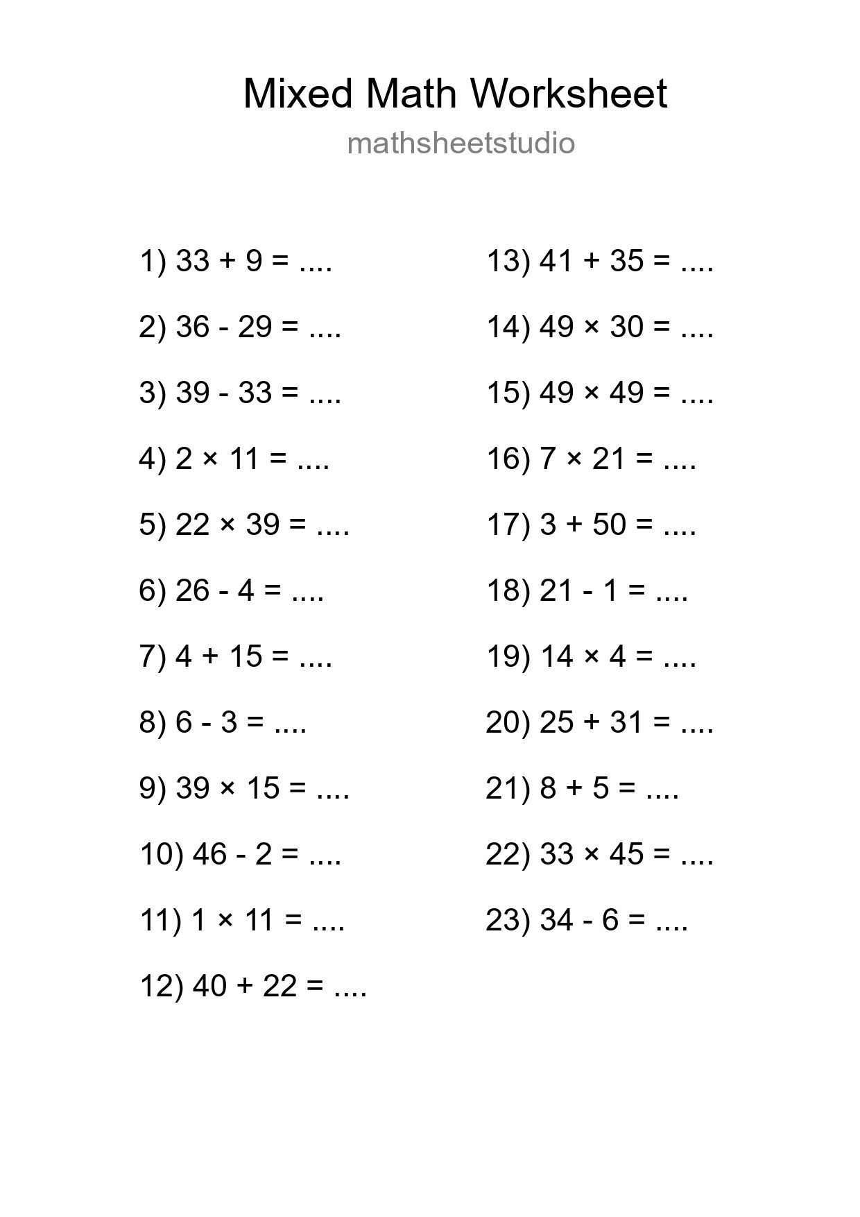 Mixed Operations Math Worksheet