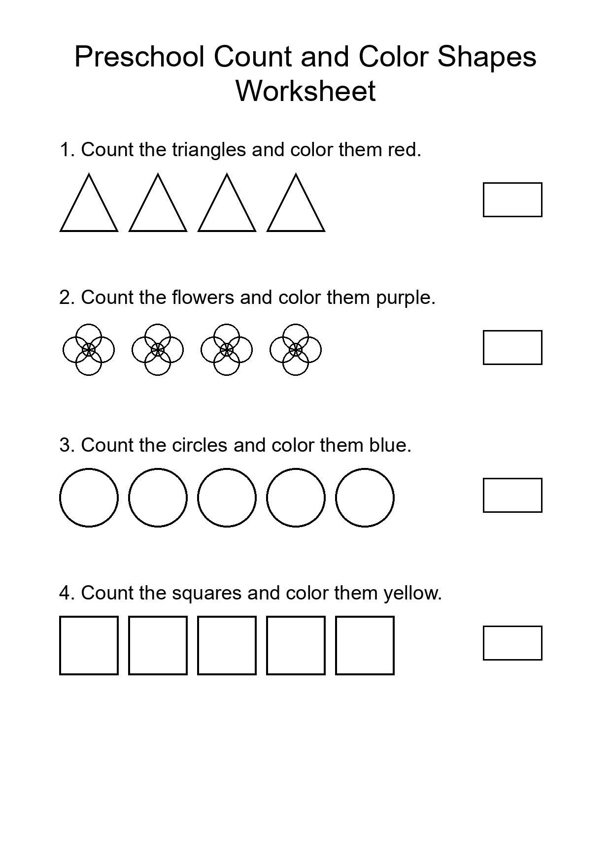 Preschool Count and Color Shapes Worksheet