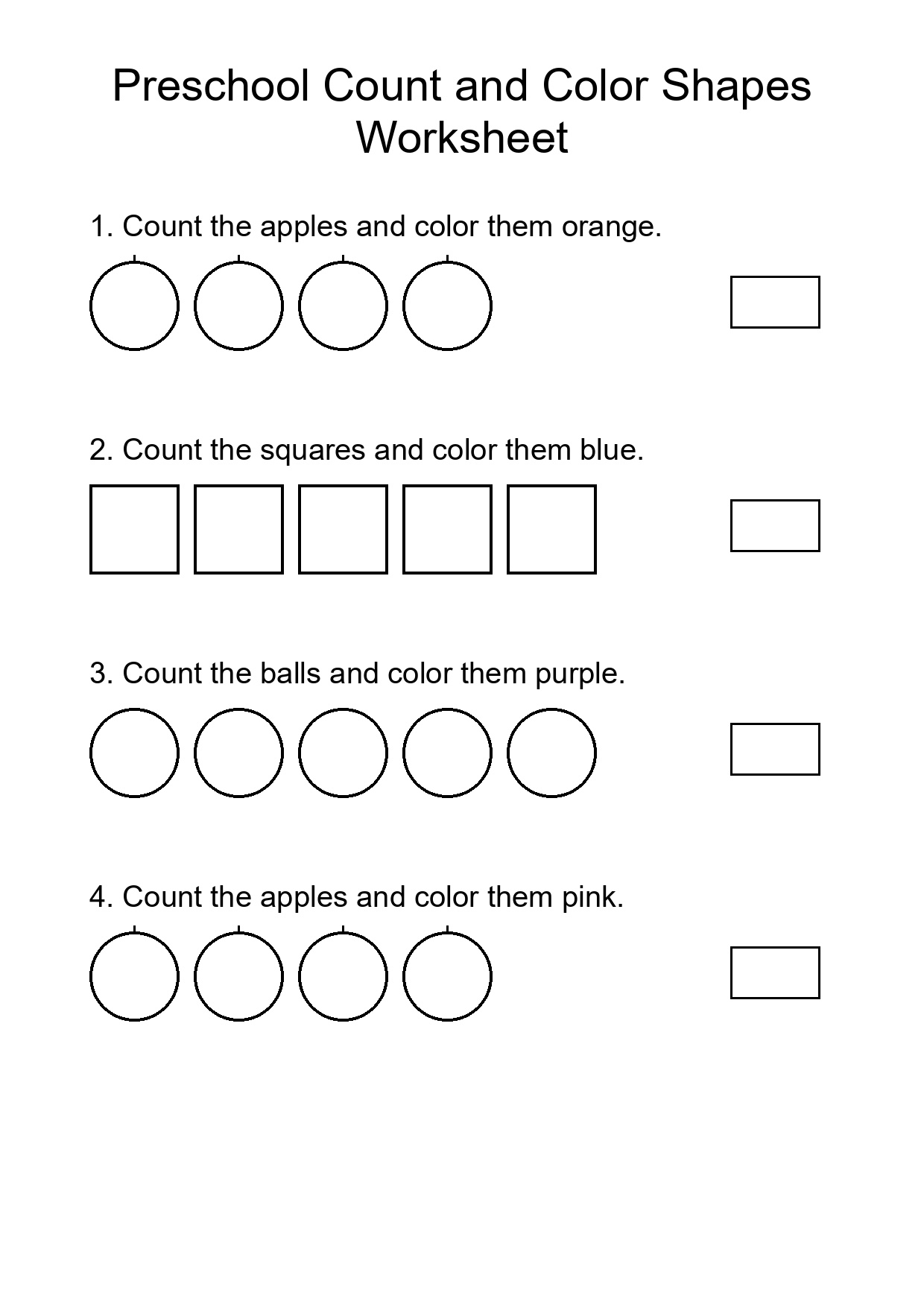 Preschool Count and Color Shapes Worksheet
