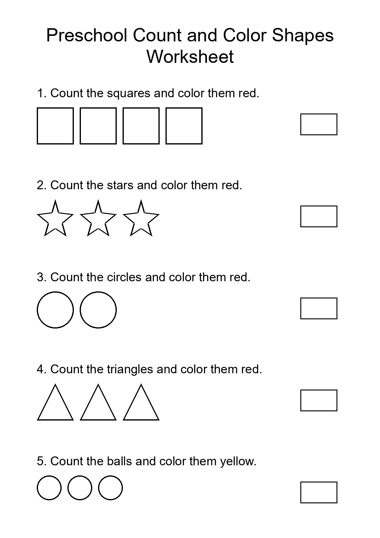 Preschool Count and Color Shapes Worksheet