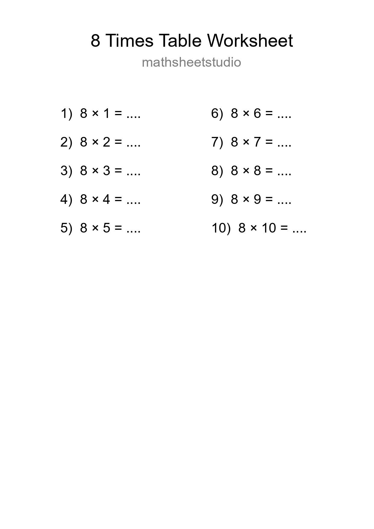 Printable 8 Times Table Worksheet For Grade 3 - Part 174