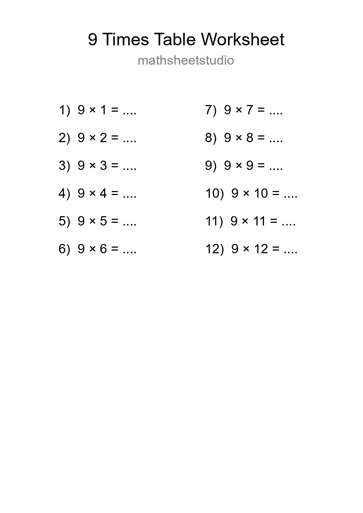 Printable 9 Times Table Worksheet For Grade 3 - Part 42