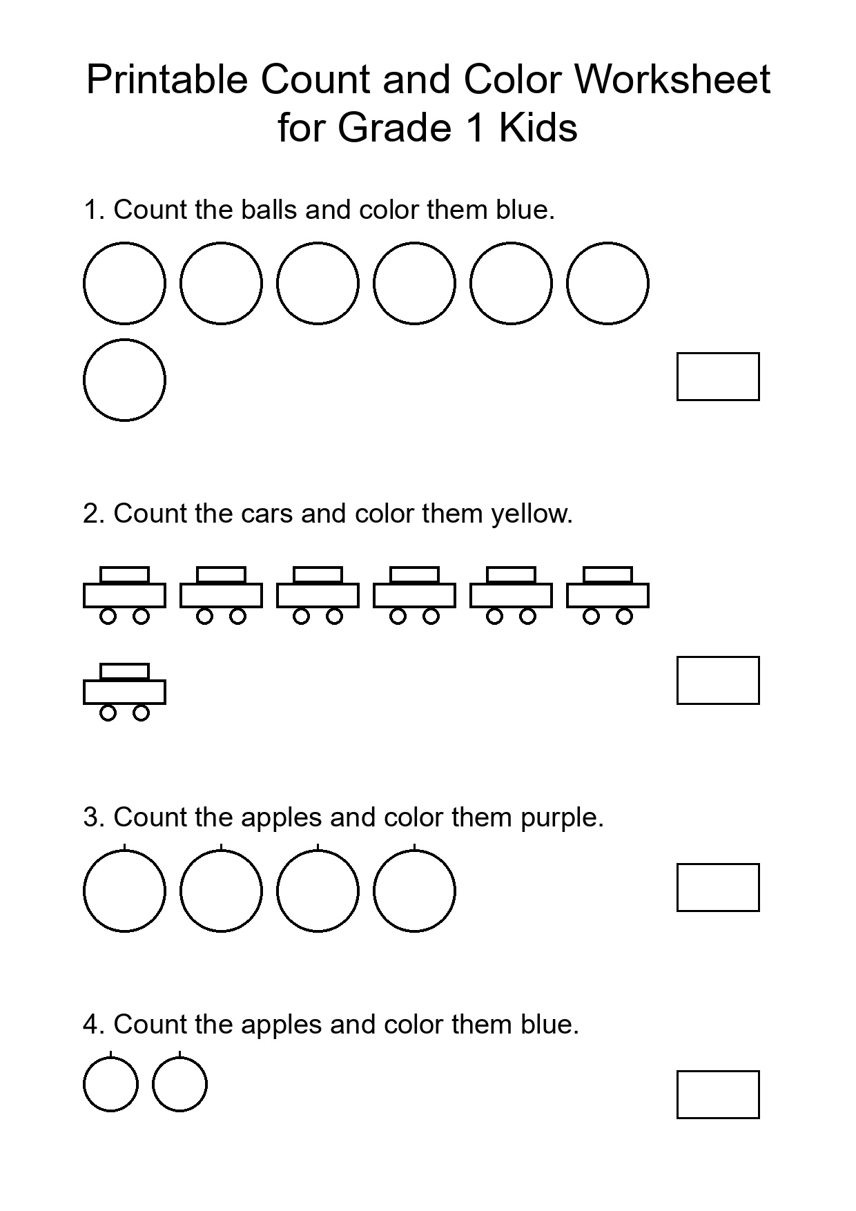 Printable Count and Color Worksheet for Grade 1 Kids