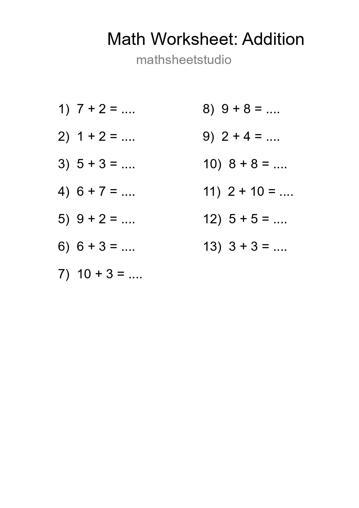 Printable Free 13 Addition Math Worksheet For Grade 1 - Part 155