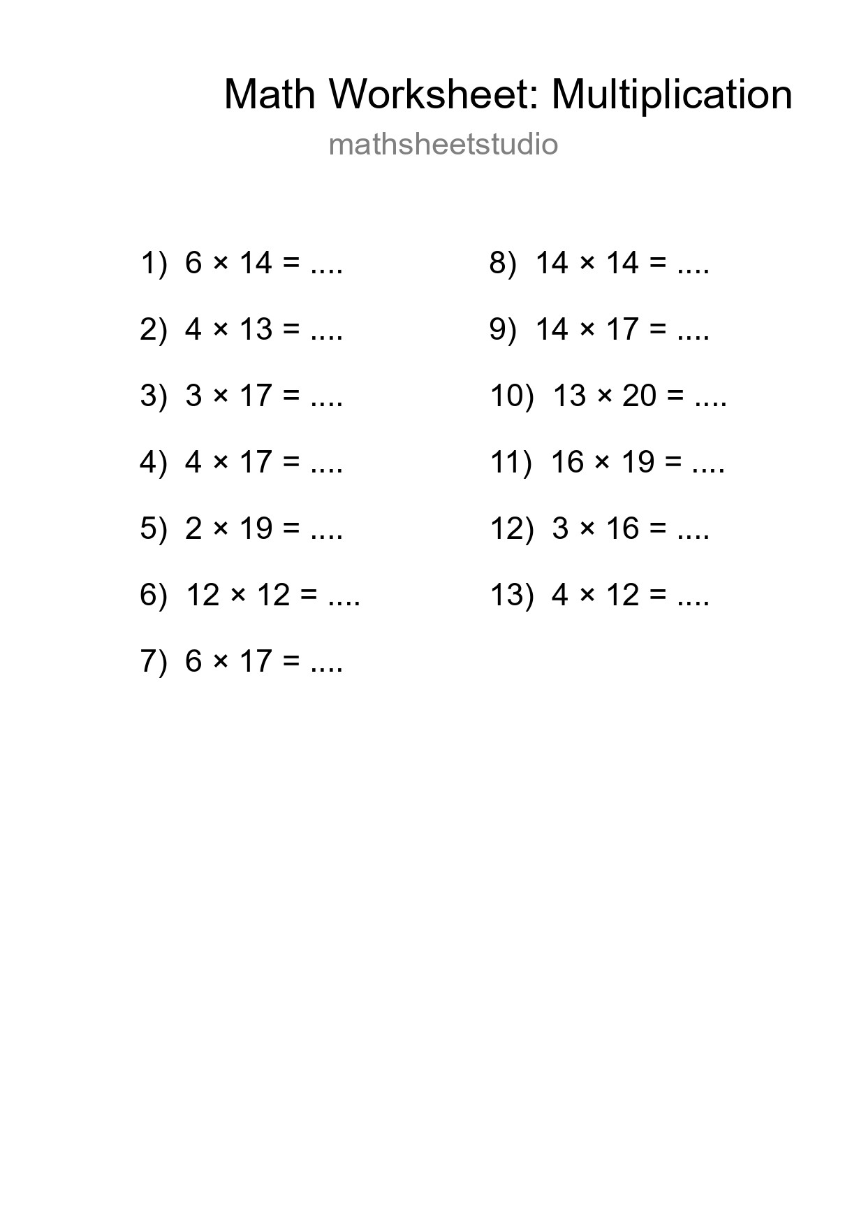 Printable Free 13 Multiplication Math Worksheet For Grade 2 - Part 227