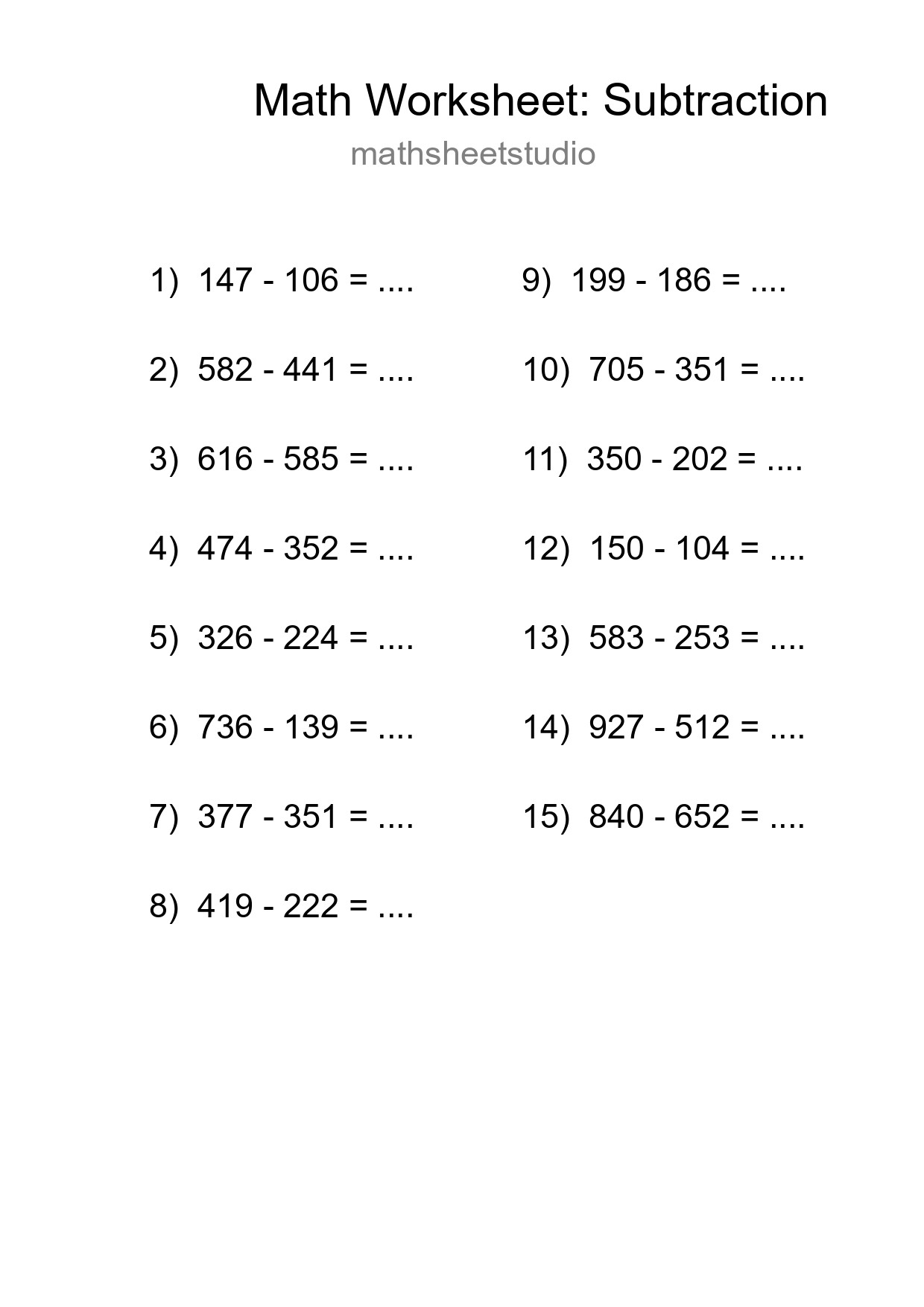 Printable Free 15 Subtraction Math Worksheet For Grade 5 - Part 8