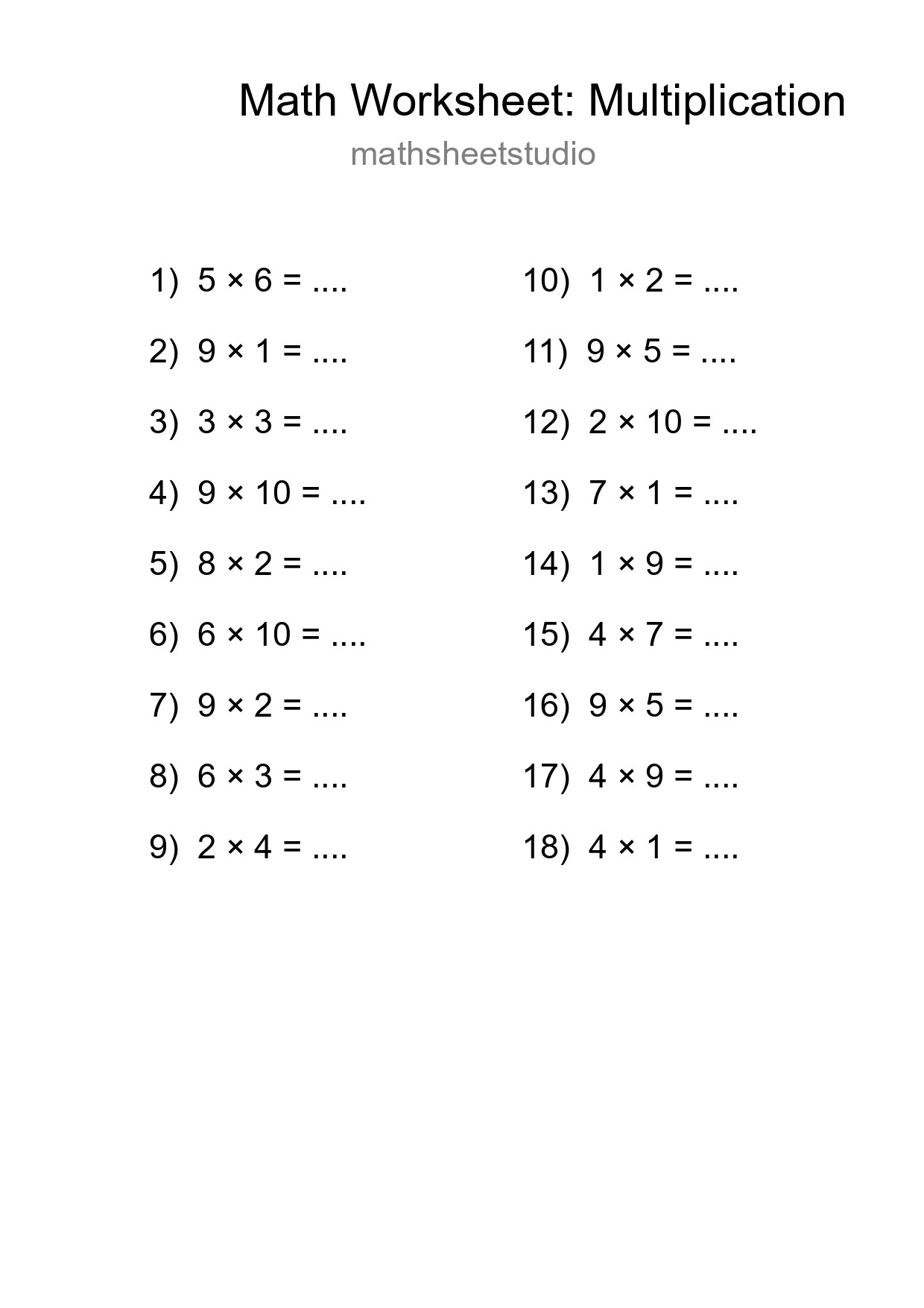 Printable Free 18 Multiplication Math Worksheet For Grade 1 - Part 95
