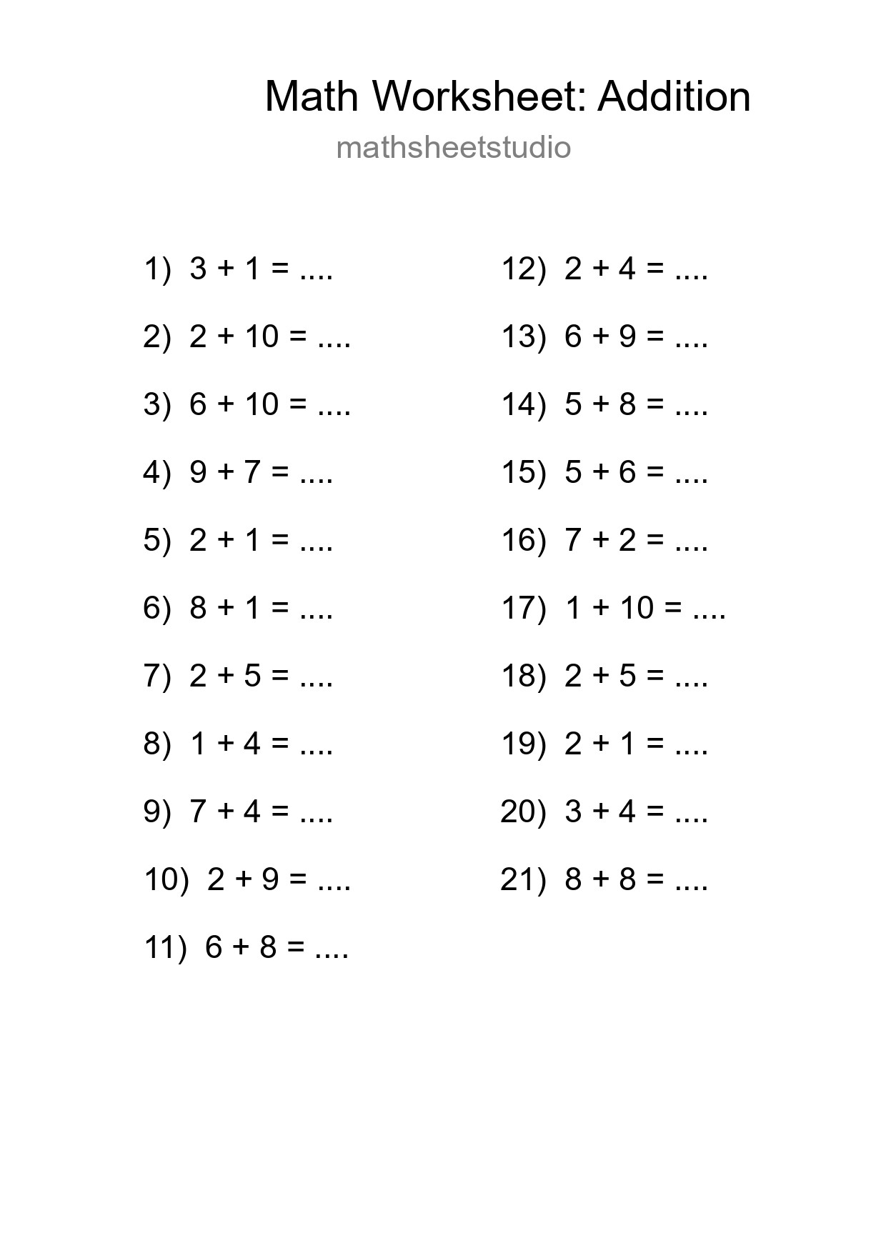 Printable Free 21 Addition Math Worksheet For Grade 1 - Part 67