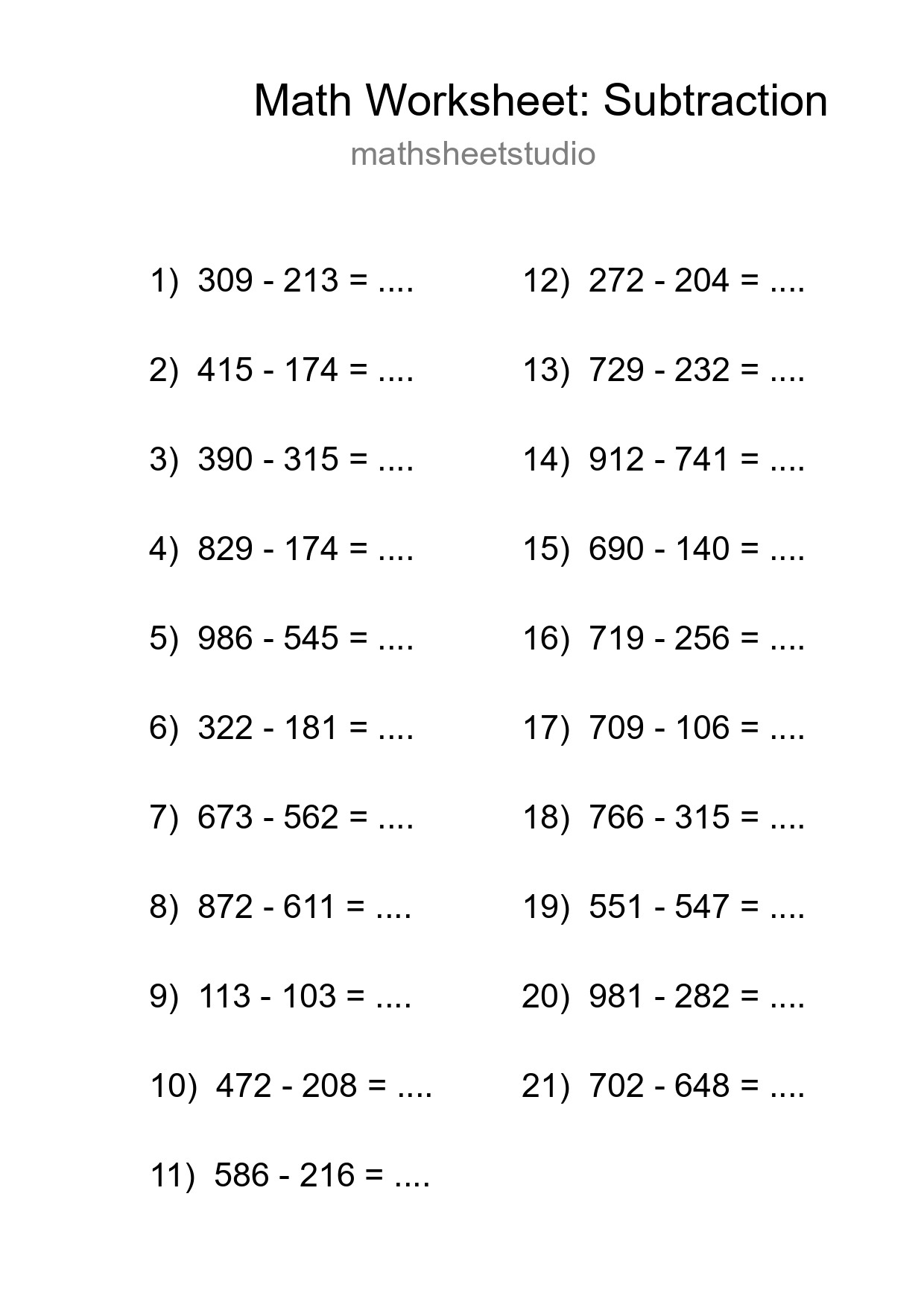 Printable Free 21 Subtraction Math Worksheet For Grade 5 - Part 140