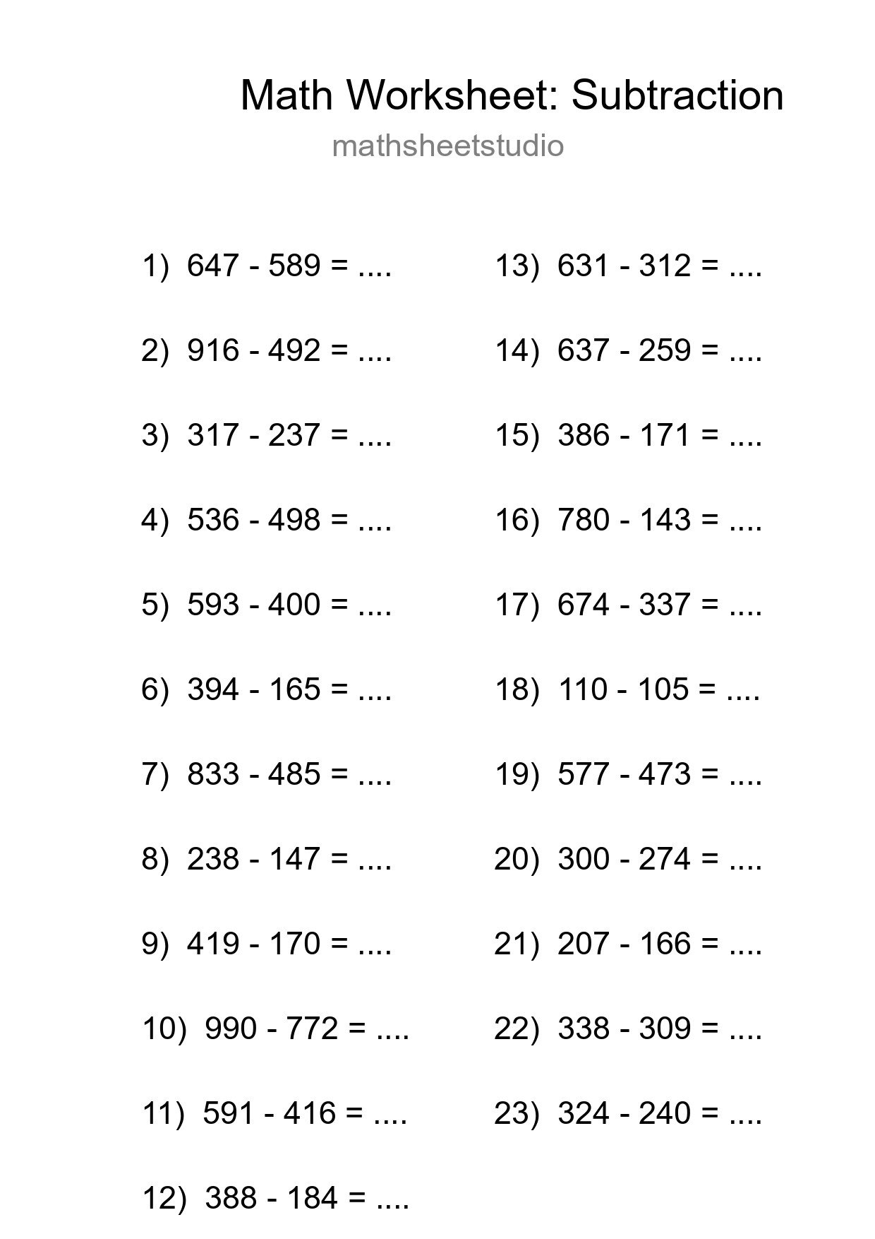 Printable Free 23 Subtraction Math Worksheet For Grade 5 - Part 206