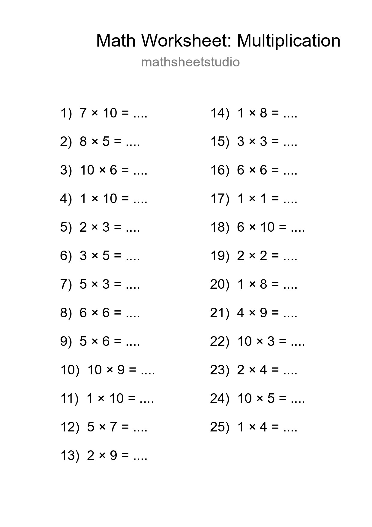 Printable Free 25 Multiplication Math Worksheet For Grade 1 - Part 238