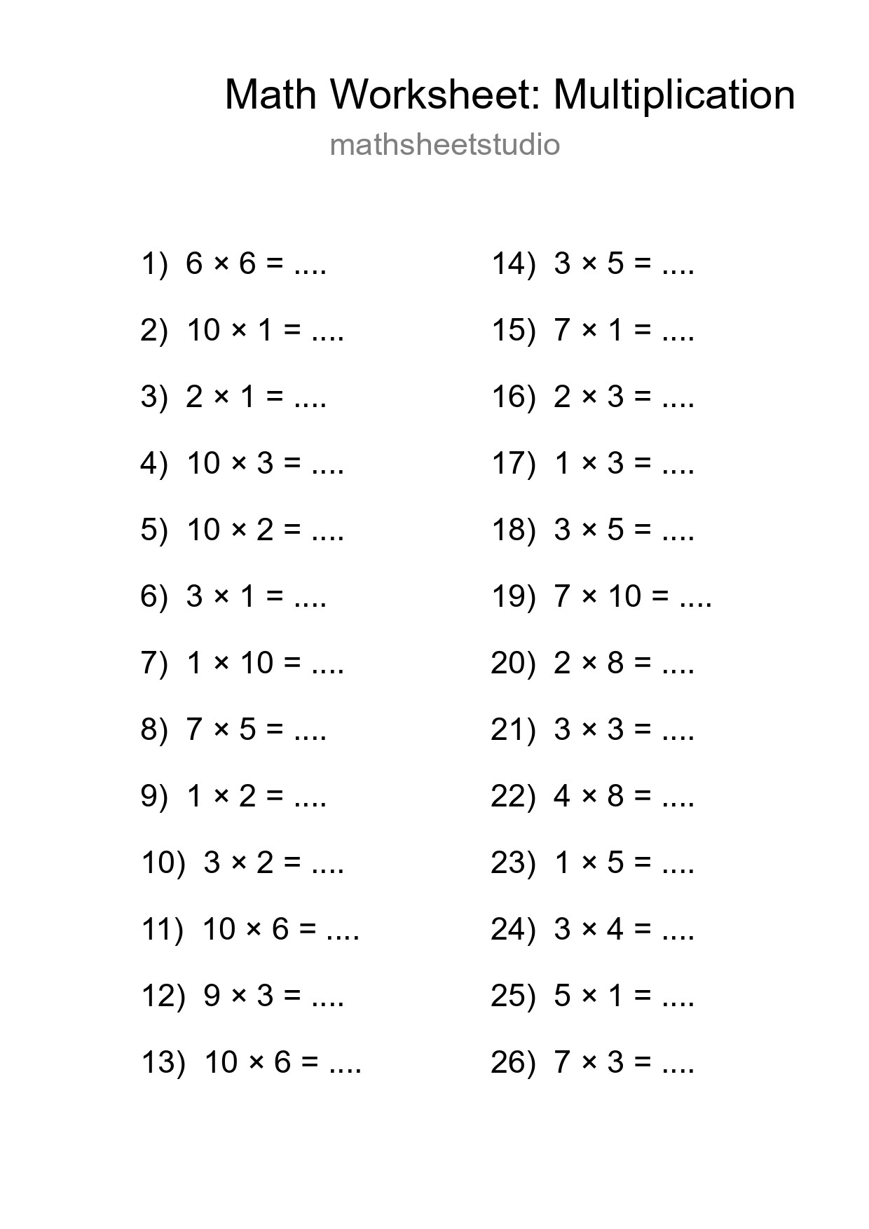 Printable Free 26 Multiplication Math Worksheet For Grade 1 - Part 51
