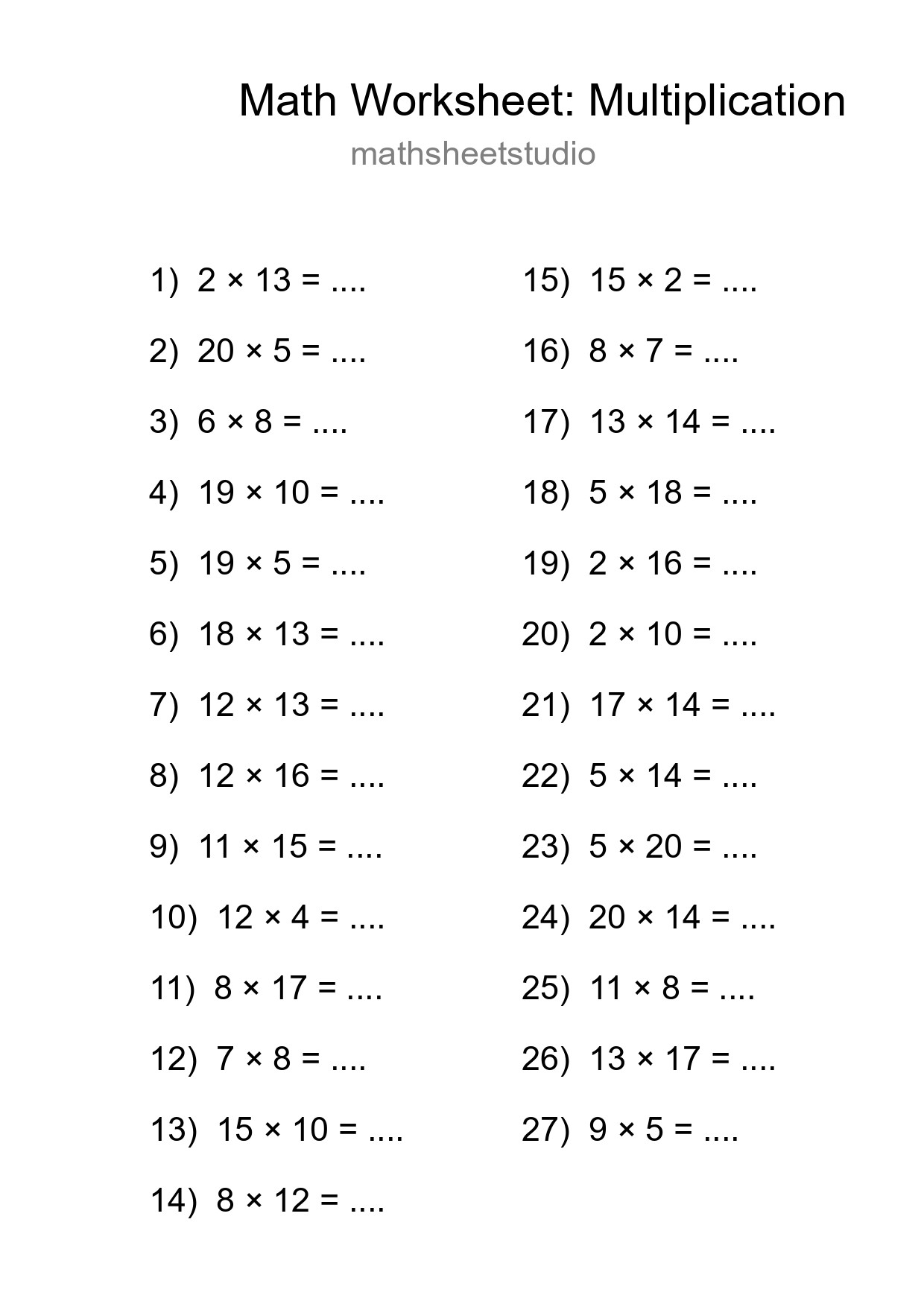 Printable Free 27 Multiplication Math Worksheet For Grade 2 - Part 194