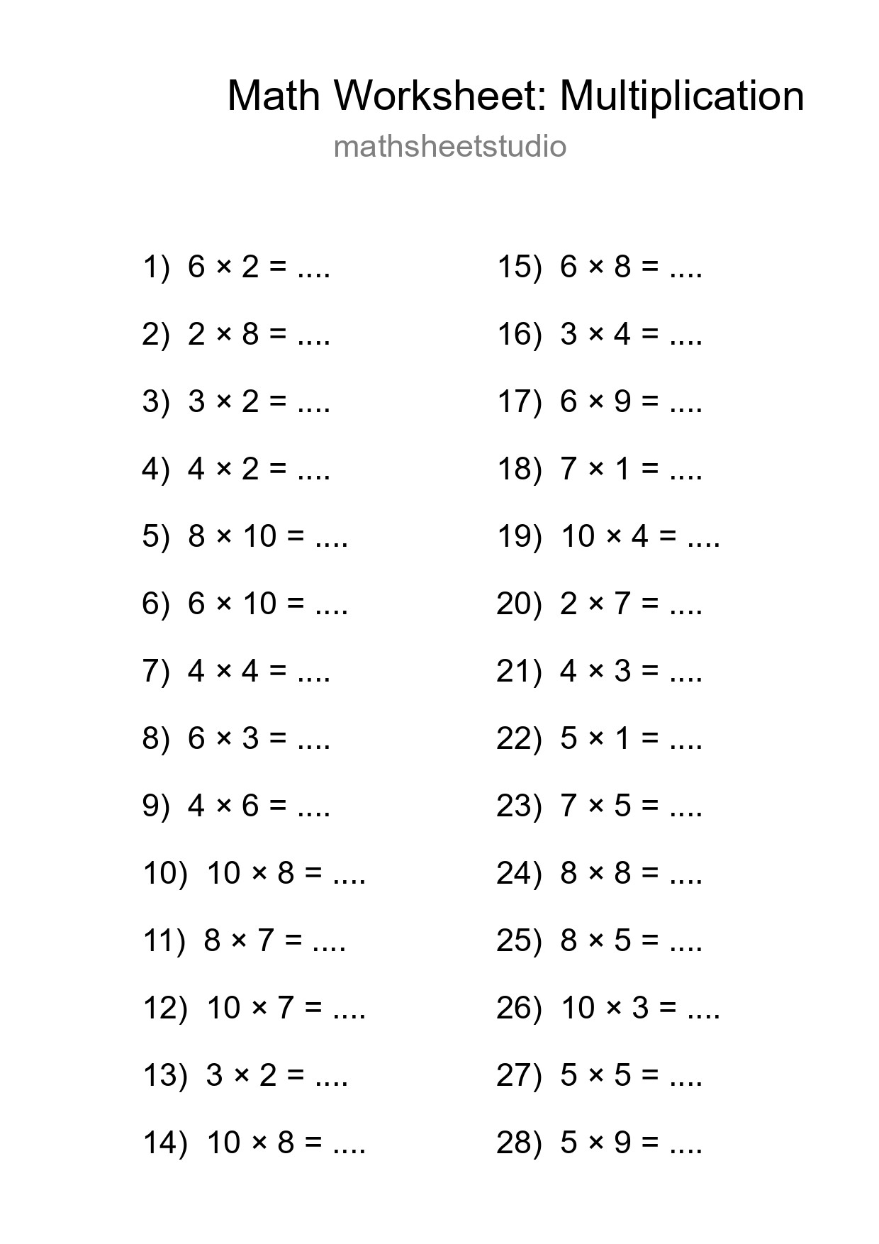 Printable Free 28 Multiplication Math Worksheet For Grade 1 - Part 29