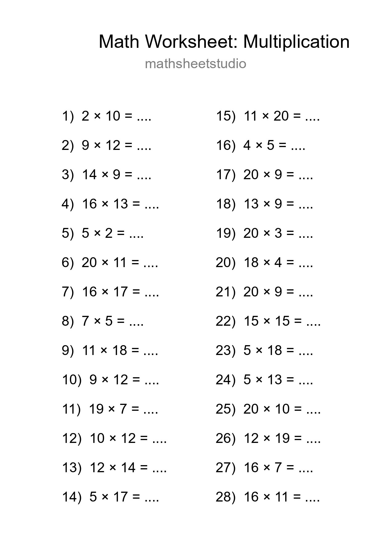 Printable Free 28 Multiplication Math Worksheet For Grade 2 - Part 128